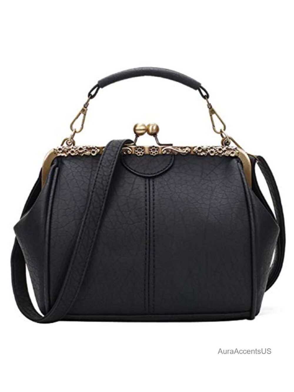 Vintage PU Leather Kiss Lock Crossbody Bag with Detachable Straps